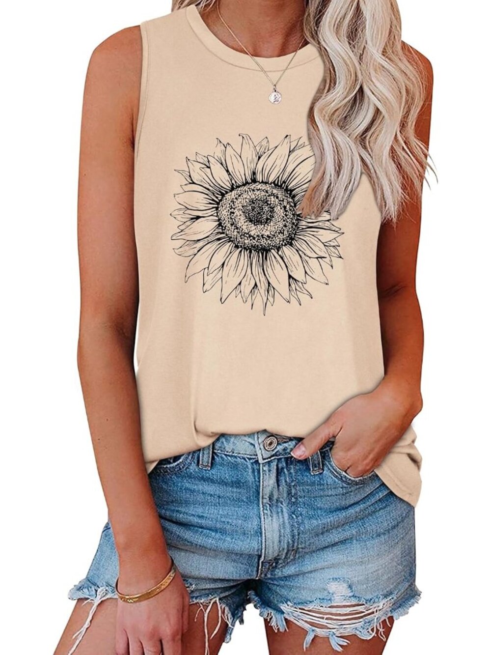 Women's Khaki Loose Fit Tank Top Summer Sleeveless Graphic Camisole Shirt Causal